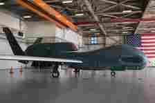 An RQ-4 Global Hawk sits static in a hangar Oct. 25, 2018, at Naval Air Station Sigonella, Italy.