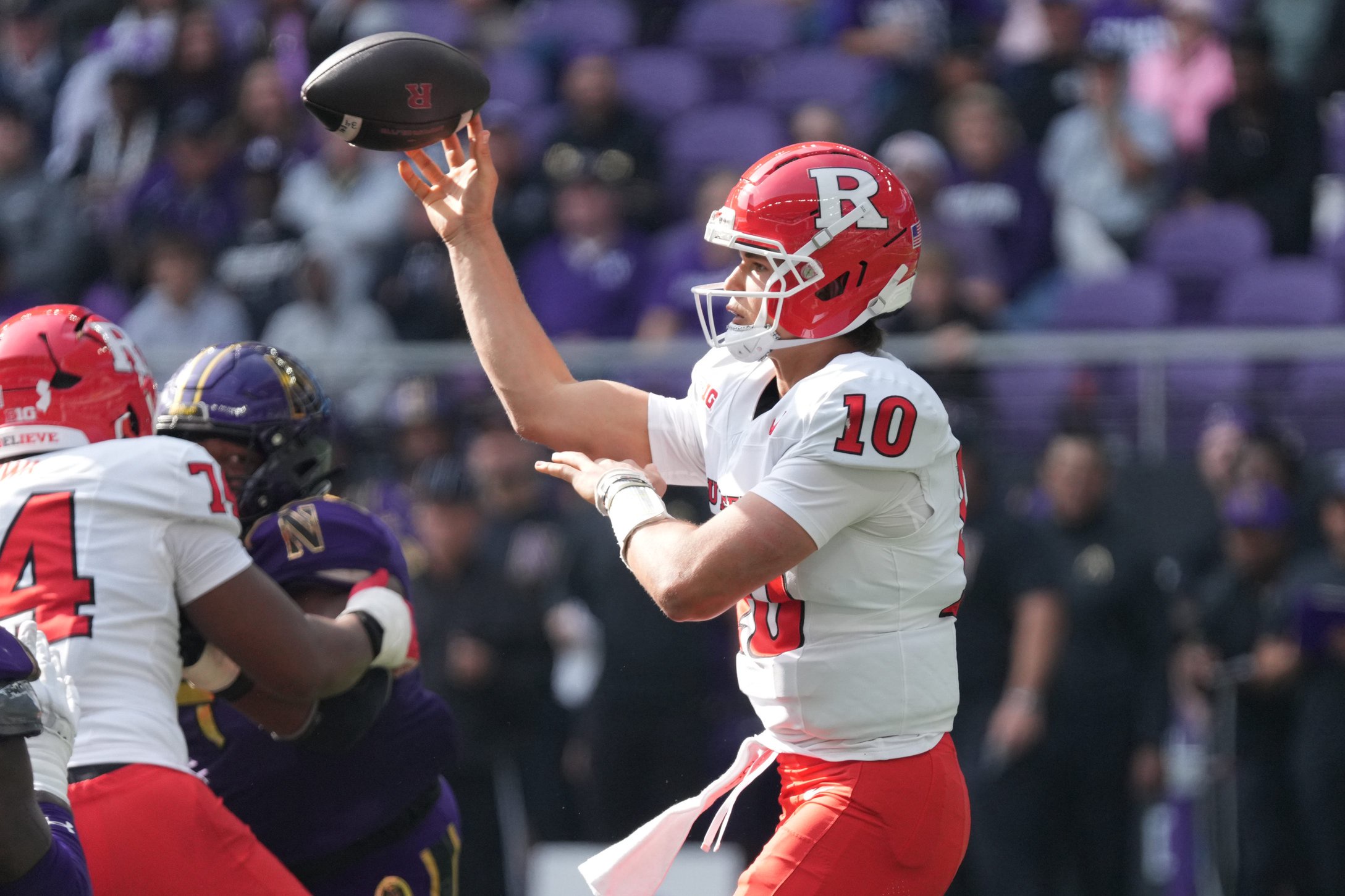 Oct 24, 2026; Evanston, Illinois, USA;  Rutgers Scarlet Knights quarterback AJ Surace (10) throws the ball against the Northwestern Wildcats during the first half at New Ryan Field.  Mandatory Credit: David Banks-Imagn Images