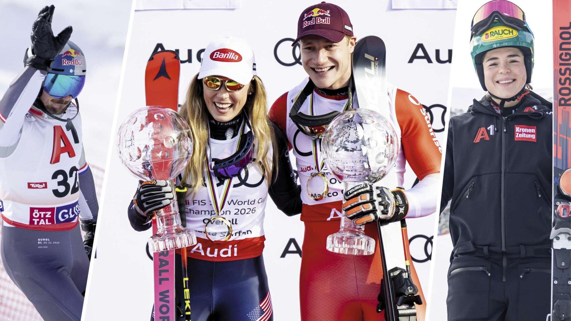 Marcel Hirscher, Mikaela Shiffrin, Marco Odermatt  und Julia Scheib