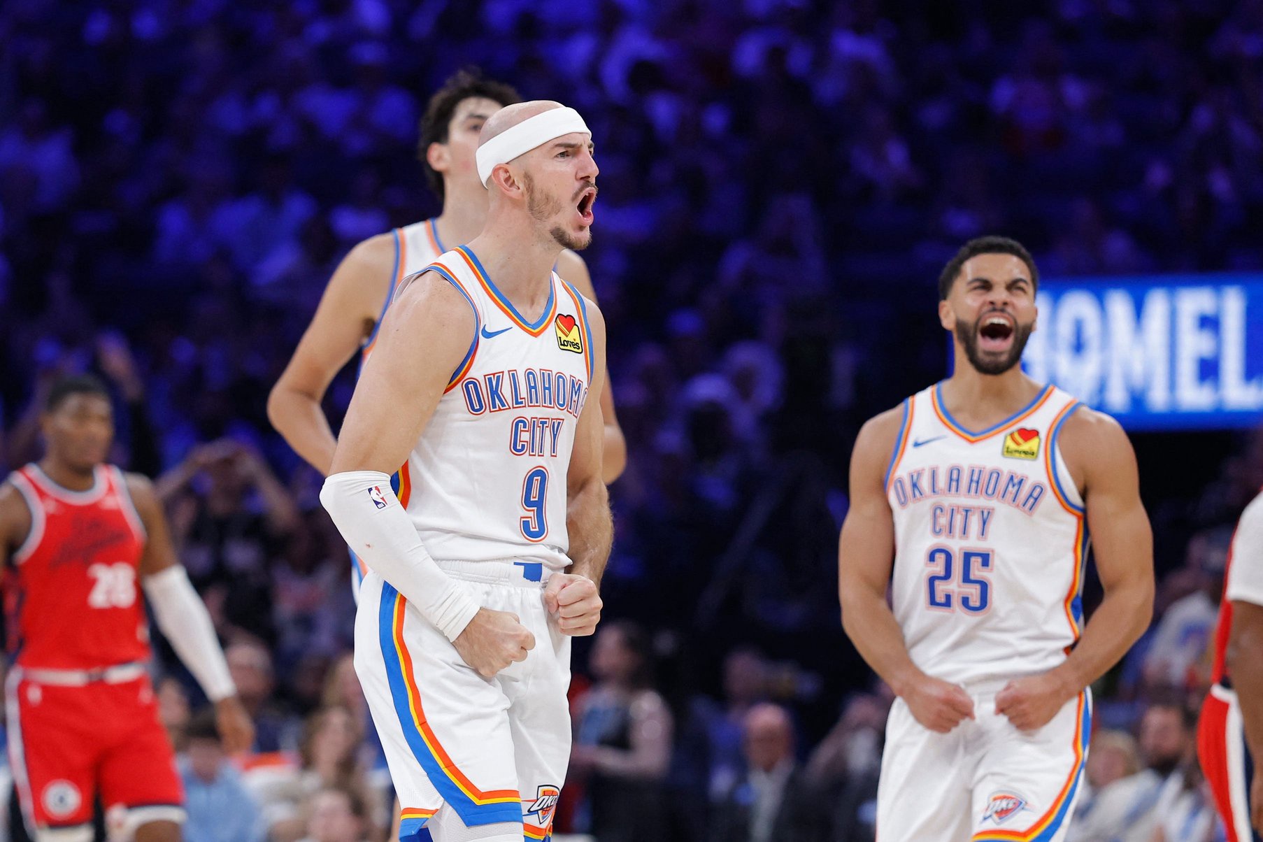 Oct 25, 2026; Oklahoma City, Oklahoma, USA; Oklahoma City Thunder guard Alex Caruso (9) celebrates after a play against the Los Angeles Clippers during the second half at Paycom Center. Mandatory Credit: Alonzo Adams-Imagn Images