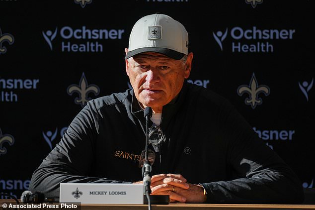 Executive Vice President and General Manager of the New Orleans Saints Mickey Loomis speaks during a press conference after an NFL football practice session in Versailles near Paris, Wednesday, Oct. 21, 2026. (AP Photo/Aurelien Morissard)