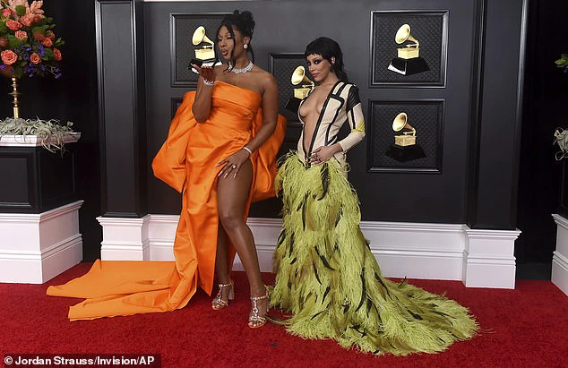 Perfectly complementary: Doja, born Amala Ratna Zandile Dlamini, took a moment on the red carpet to pose with fellow nominee Megan Thee Stallion