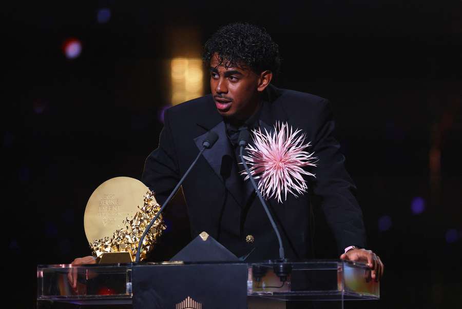 Barcelona's Lamine Yamal makes a speech after winning the Young Talent of the Year trophy at the Ballon d'Or ceremony