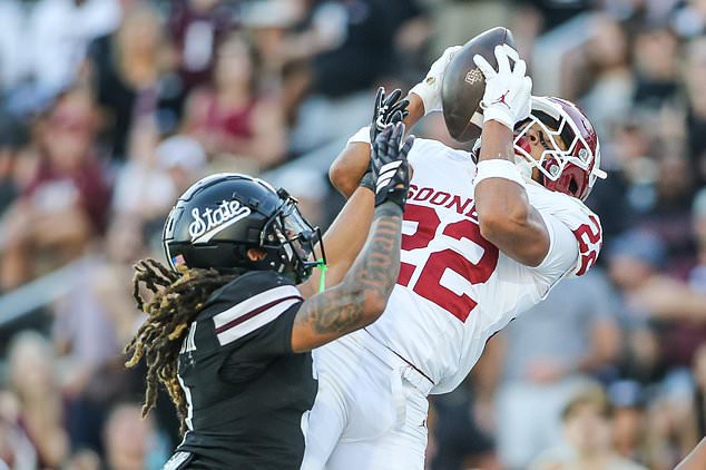 Oklahoma defensive back Peyton Bowen (22) intercepts a Mississippi State pass during the second half of an NCAA college football game in Starkville, Miss., Saturday, Oct. 24, 2026. (AP Photo/James Pugh)