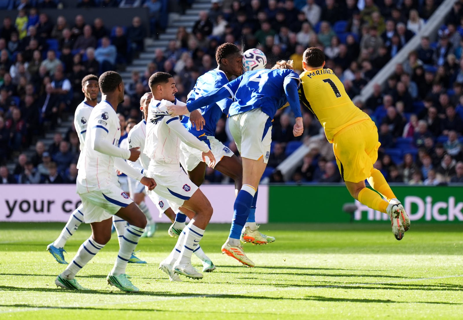 Chelsea goalkeeper Emi Martínez picked up an injury in a collision with Everton's Jarrad Branthwaite that saw him stretchered from the pitch at Hill Dickinson Stadium. Photograph: Mike Egerton/PA