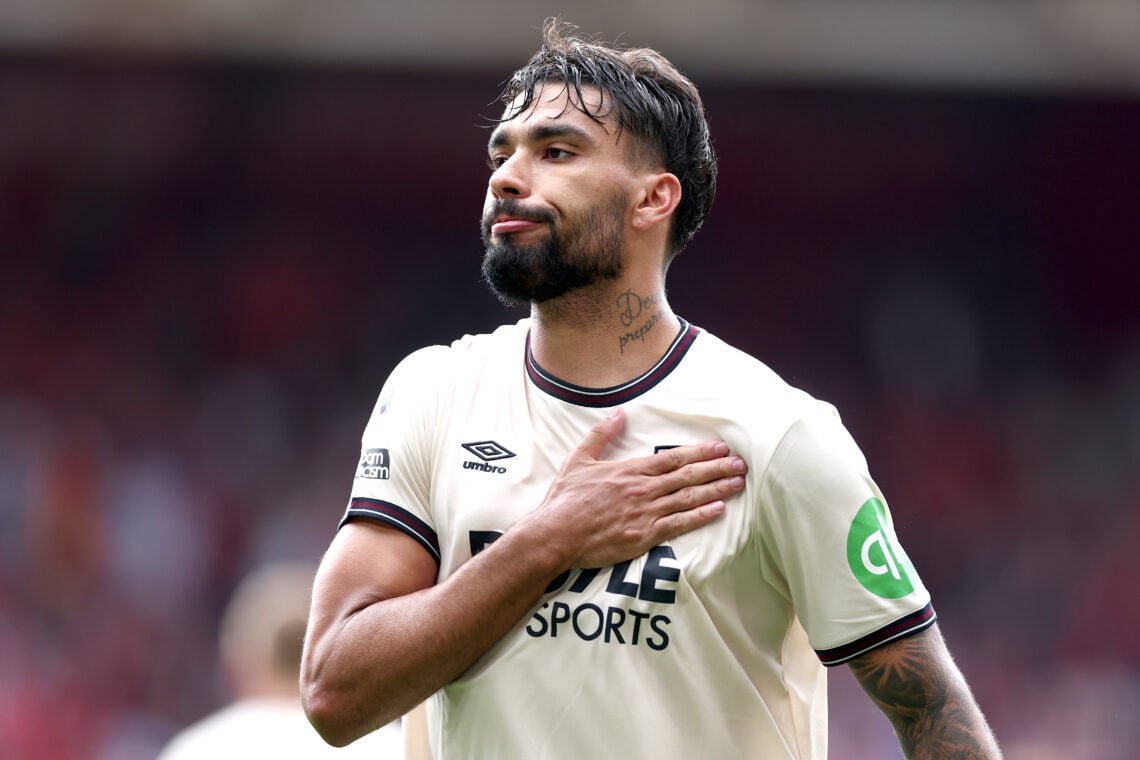Lucas Paqueta celebrates after scoring for West Ham against Nottingham Forest.