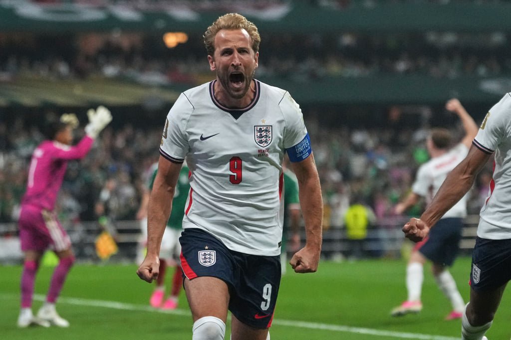 Harry Kane celebrates scoring England’s third goal in their World Cup round-of-16 win over Mexico in July. Photo: AP