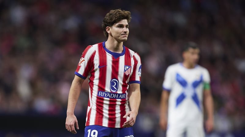 MADRID, SPAIN - OCTOBER 24: Julian Alvarez of Atletico de Madrid looks on during the LaLiga EA Sports 2026/27 match between Atletico de Madrid and RC Deportivo de A Coruna at Riyadh Air Metropolitano on October 24, 2026 in Madrid, Spain. (Photo by Alvaro