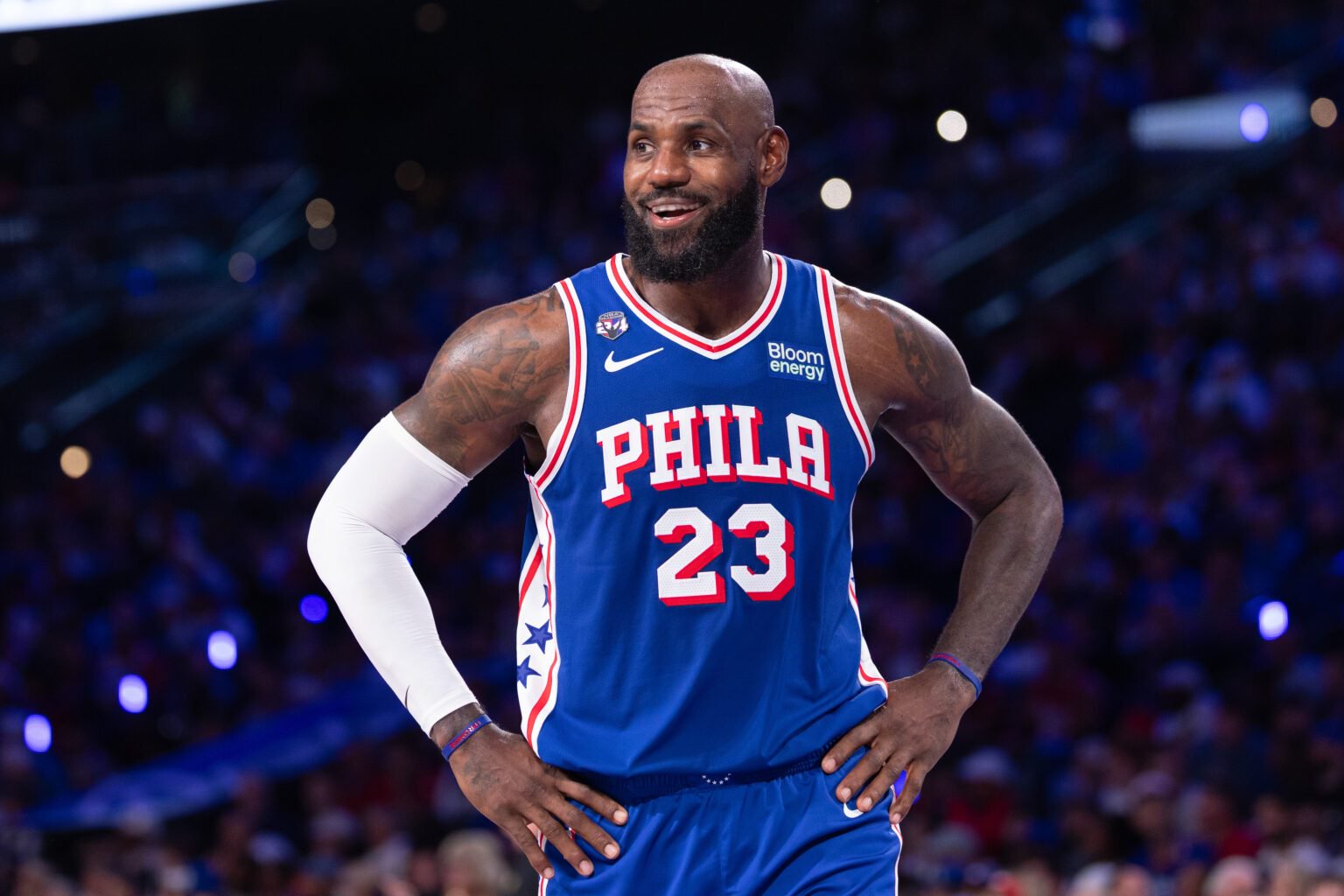 Oct 22, 2026; Philadelphia, Pennsylvania, USA; Philadelphia 76ers forward LeBron James (23) reacts after a play against the Cleveland Cavaliers during the third quarter at Xfinity Mobile Arena. Mandatory Credit: Bill Streicher-Imagn Images