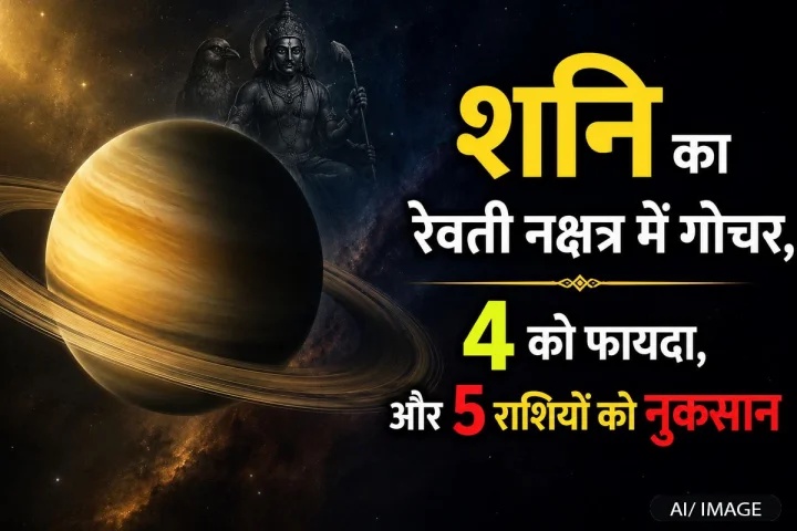 The image features the planet Saturn, with Lord Shani in the background, and the caption reads: 'Saturn's Transit into Revati Nakshatra'.