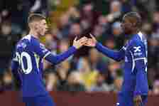 Nicolas Jackson of Chelsea celebrates after scoring a goal with teammate Cole Palmer, which is later ruled out following an offside decision, durin...