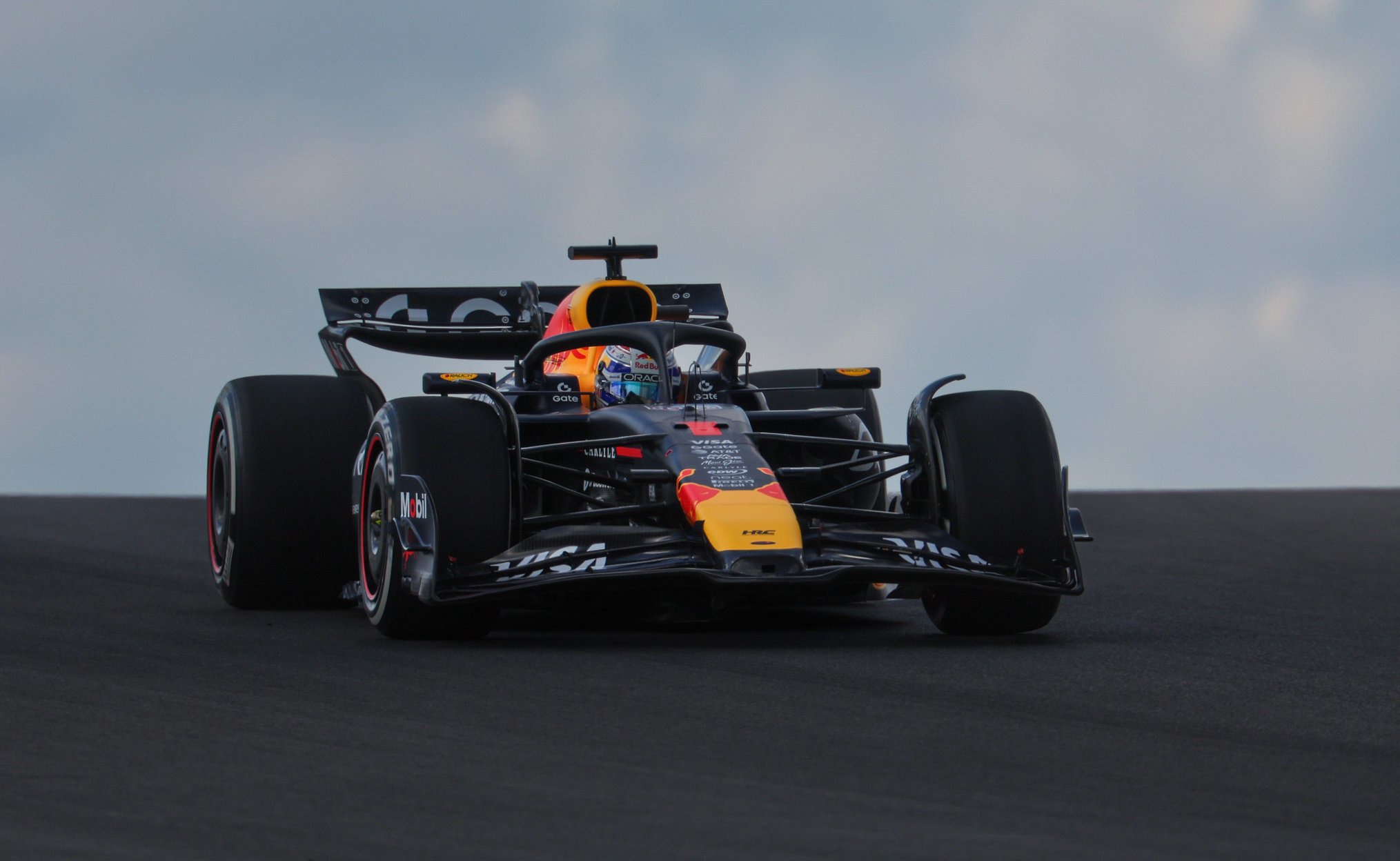 Oct 17, 2025; Austin, TX, USA;  Oracle Red Bull Racing driver Max Verstappen (1) of Team Netherlands practices for the Grand Prix at Circuit of The Americas Austin. Mandatory Credit: Thomas Shea-Imagn Images