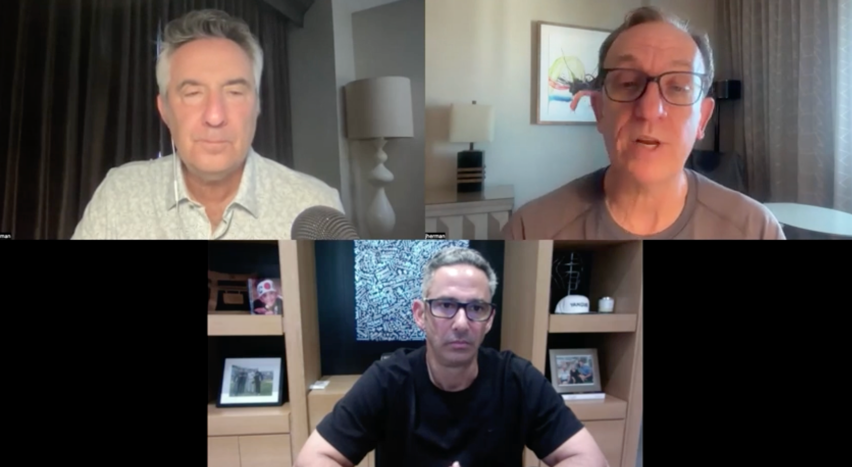 Collage of three men participating in a video conference call.