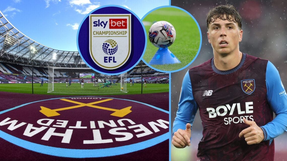 A general view of the London Stadium and West Ham star Arne Engels. Inset, the EFL logo and ball