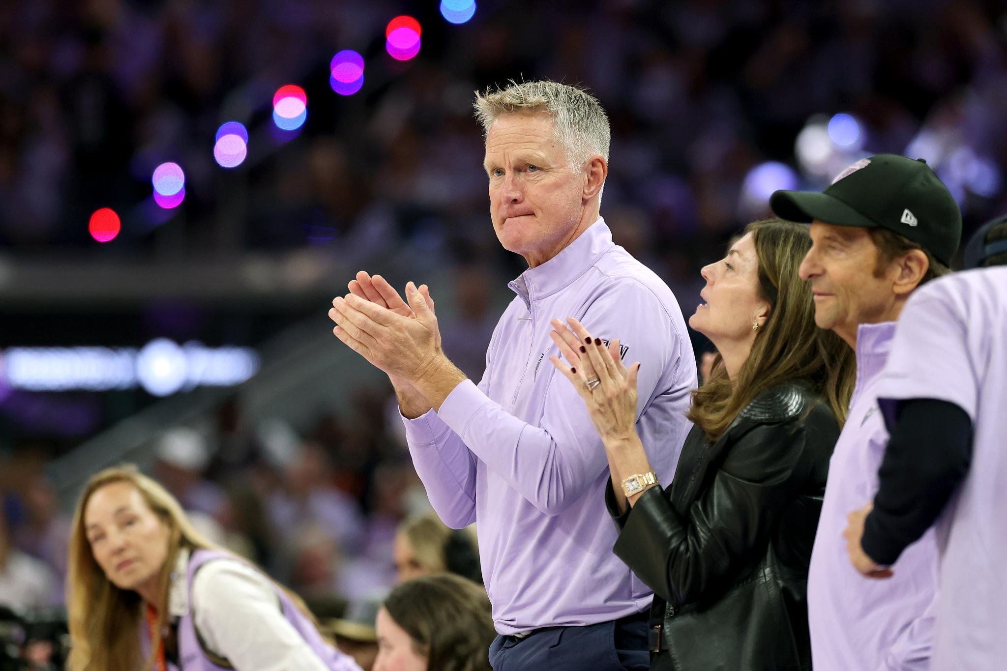 Golden State Warriors head coach Steve Kerr celebrates a win during Game 1 of the WNBA Finals.