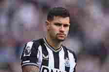 Newcastle United player Bruno Guimaraes looks on during the Premier League match between Newcastle United and Tottenham Hotspur at St. James Park on April 13, 2024 in Newcastle upon Tyne, England