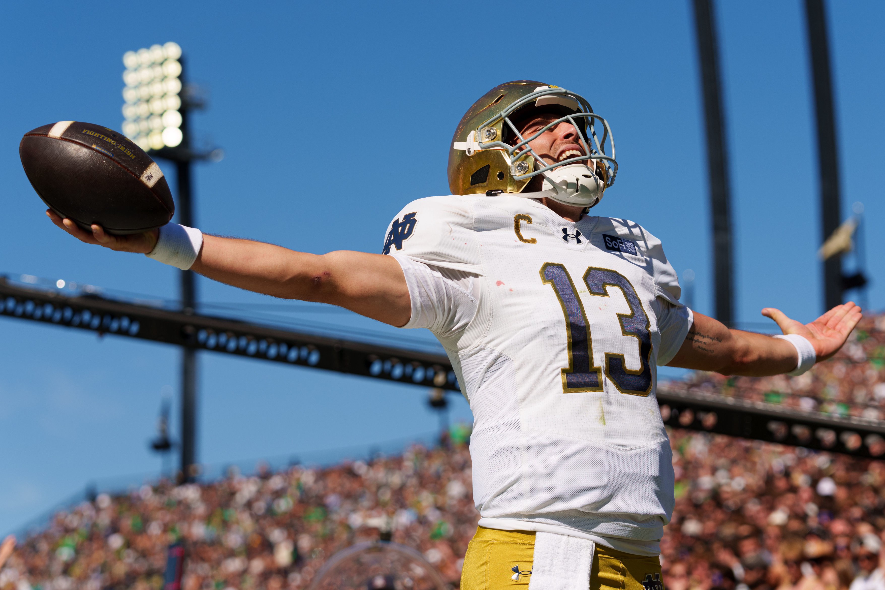 Notre Dame quarterback CJ Carr celebrates after scoring a touchdown during a NCAA football game against Purdue at Ross-Ade Stadium on Saturday, Sept. 26, 2026, in West Lafayette.