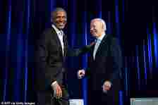 President Barack Obama (left) smiles alongside President Joe Biden (right) during their Radio City Music Hall fundraiser in late March. Tucker Carlson is pushing that Obama isn't as nearly as pro-Joe as he seems