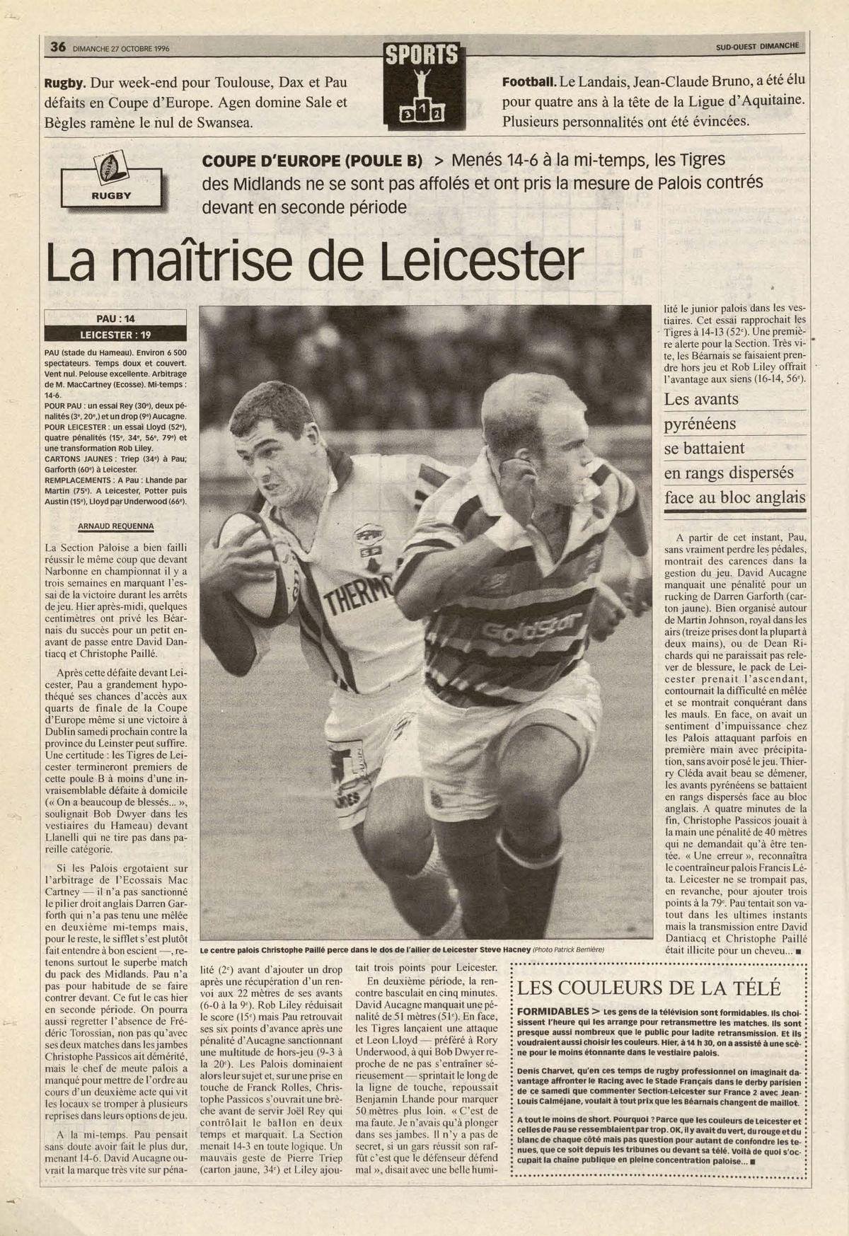 Le compte rendu du match dans « Sud Ouest », le 27 octobre 1996.