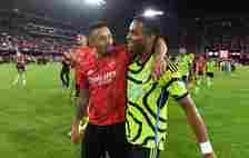 Gabriel Jesus and Jurrien Timber of Arsenal reacts after the MLS All-Star Game between Arsenal FC and MLS All-Stars at Audi Field on July 19, 2023 ...