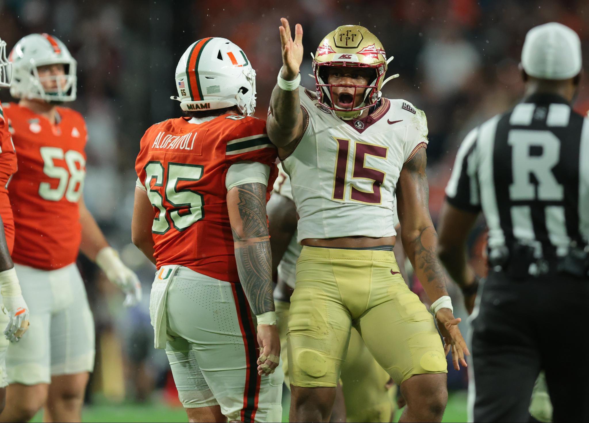 Florida State Seminoles defensive lineman Rylan Kennedy (15) celebrates a sack against the Miami Hurricanes.