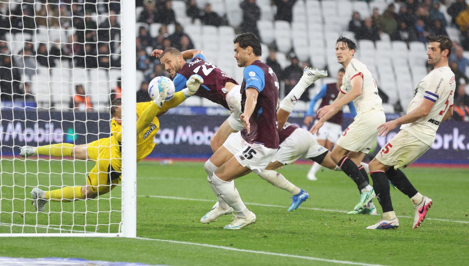Southampton's Daniel Peretz saves from West Ham United's Tomas Soucek - West Ham United v Southampton - Sky Bet Championship 2026/27