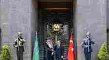 Saudi defense chief Khalid bin Salman in Turkey received by his counterpart Yasar Guler in Ankara on July 2, 2024