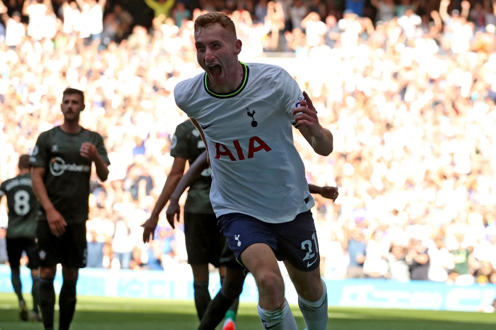 Tottenham Hotspur's Swedish midfielder Dejan Kulusevski (C) celebrates after scoring their fourth goal during the English Premier League football match between Tottenham Hotspur and Southampton at Tottenham Hotspur Stadium in London, on August 6, 2022. -. (Photo by CHRIS RADBURN/AFP via Getty Images)