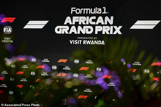 A banner is seen during an announcement by Formula 1 in Kigali, Rwanda Tuesday, Oct. 13, 2026. (AP Photo)
