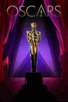 The Oscars Poster Featuring an Oscars Statue Standing in front of a curtain