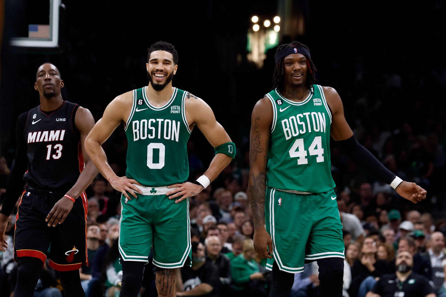 May 25, 2023; Boston, Massachusetts, USA; Boston Celtics forward Jayson Tatum (0) and center Robert Williams III (44) react during the third quarter against the Miami Heat in game five of the Eastern Conference Finals for the 2023 NBA playoffs at TD Garden. Mandatory Credit: Winslow Townson-USA TODAY Sports