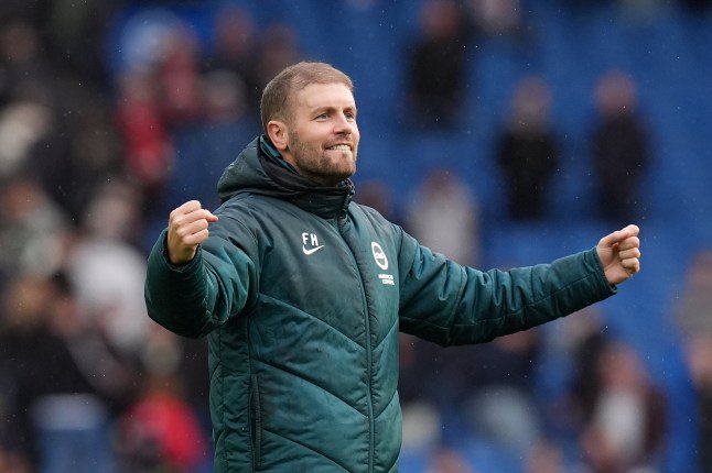 Brighton and Hove Albion manager Fabian Hurzeler celebrates after the Premier League match at the American Express Stadium, Brighton and Hove. Picture date: Sunday October 18, 2026. PA Photo. Photo credit should read: Gareth Fuller/the Press Association. RESTRICTIONS: EDITORIAL USE ONLY No use with unauthorised audio, video, data, fixture lists, club/league logos or "live" services. Online in-match use limited to 120 images, no video emulation. No use in betting, games or single club/league/player publications.