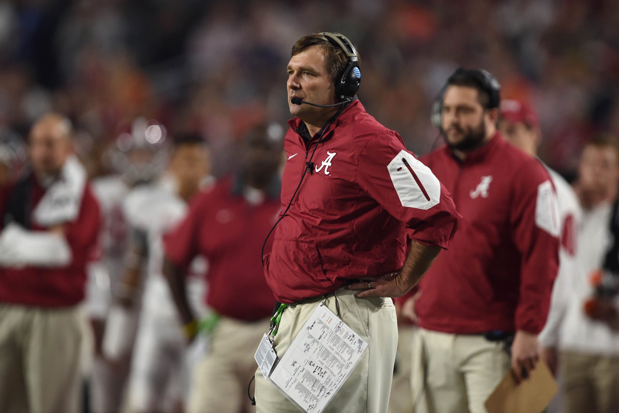 Jan 11, 2016; Glendale, AZ, USA; Alabama Crimson Tide defensive coordinator Kirby Smart looks on against the Clemson Tigers during the 2016 CFP National Championship at U. of Phoenix Stadium. Mandatory Credit: Joe Camporeale-USA TODAY Sports