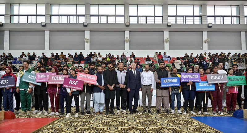 Athletes participating in competition during 9th National MAS-Wrestling Championship 2026 at Pakistan Sports Complex.