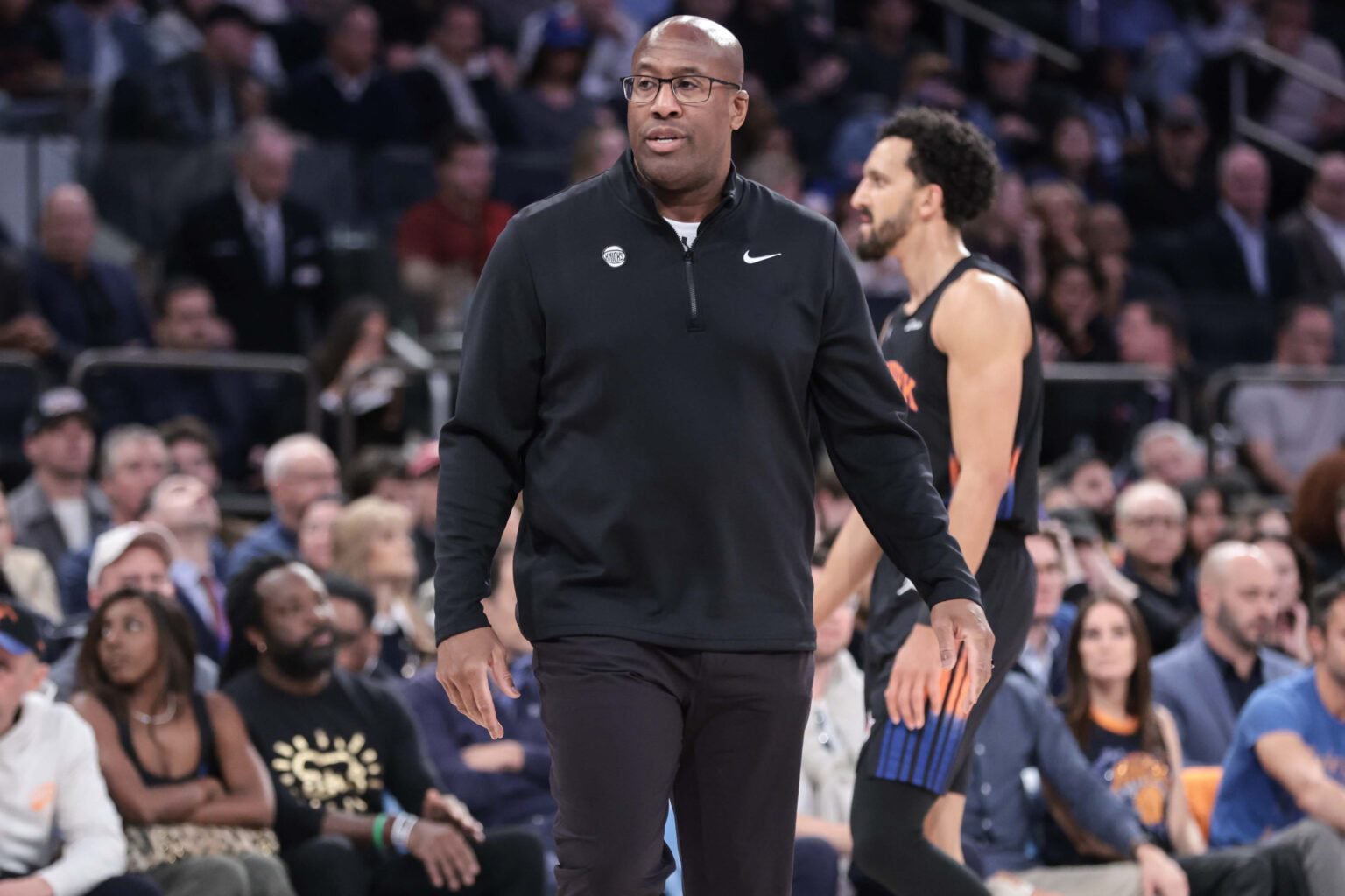 Oct 25, 2026; New York, New York, USA; New York Knicks head coach Mike Brown walks onto the court after calling a timeout in the second quarter against the Orlando Magic at Madison Square Garden. Mandatory Credit: Wendell Cruz-Imagn Images