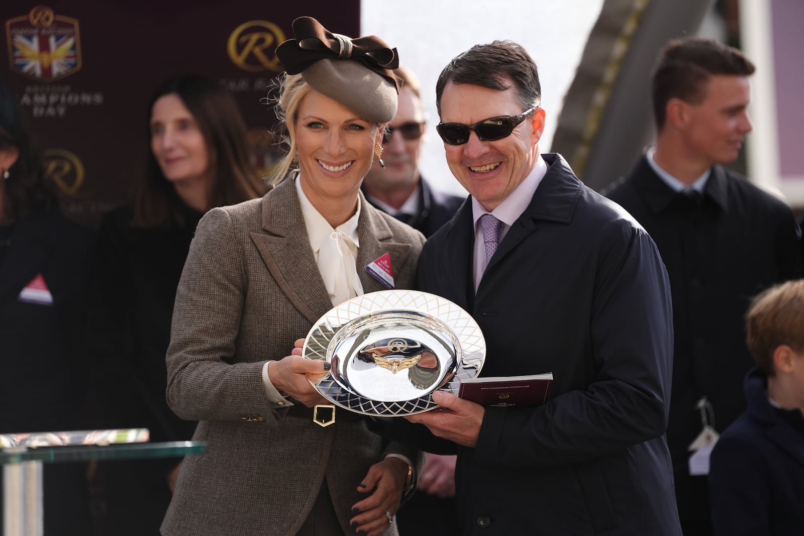 Zara Tindall presents winning trainer Aiden O'Brien with his trophy after Ryan Moore rode Minnie Hauk to win the Qatar Racing British Champions Sprint Stakes at Ascot. Photograph: Jonathan Brady/PA