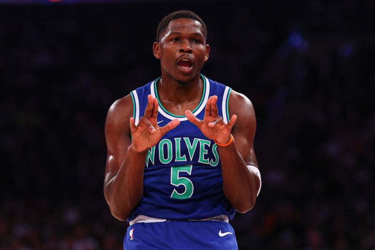 Oct 12, 2026; New York, New York, USA; Minnesota Timberwolves shooting guard Anthony Edwards (5) reacts after making a shot during the first quarter against the New York Knicks at Madison Square Garden. © Vincent Carchietta-Imagn Images
