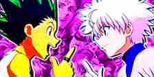 gon and killua from hunter x hunter overlayed on an official key visual for the series