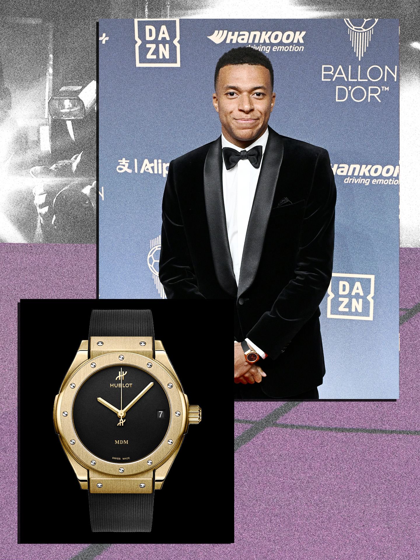 Image may contain Kylian Mbapp Clothing Formal Wear Suit Wristwatch Arm Body Part Person Adult and Tuxedo