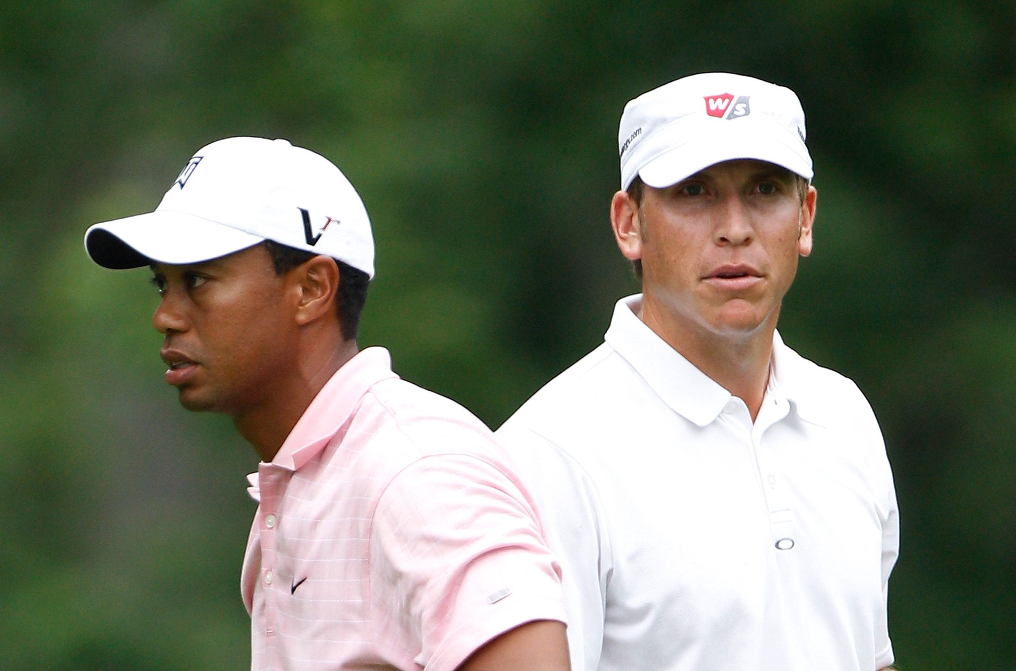 Ricky Barnes and Tiger Woods on the 18th tee during the third round of the Memorial Tournament at Muirfield Village Golf Club in Dublin, Ohio.