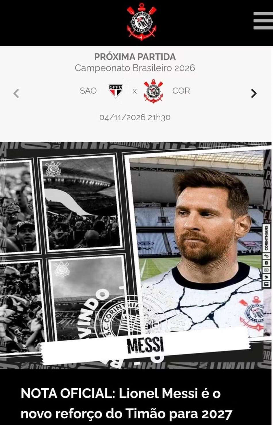 Lionel Messi em uniforme do Corinthians, montagem promocional anunciando reforço para 2027.