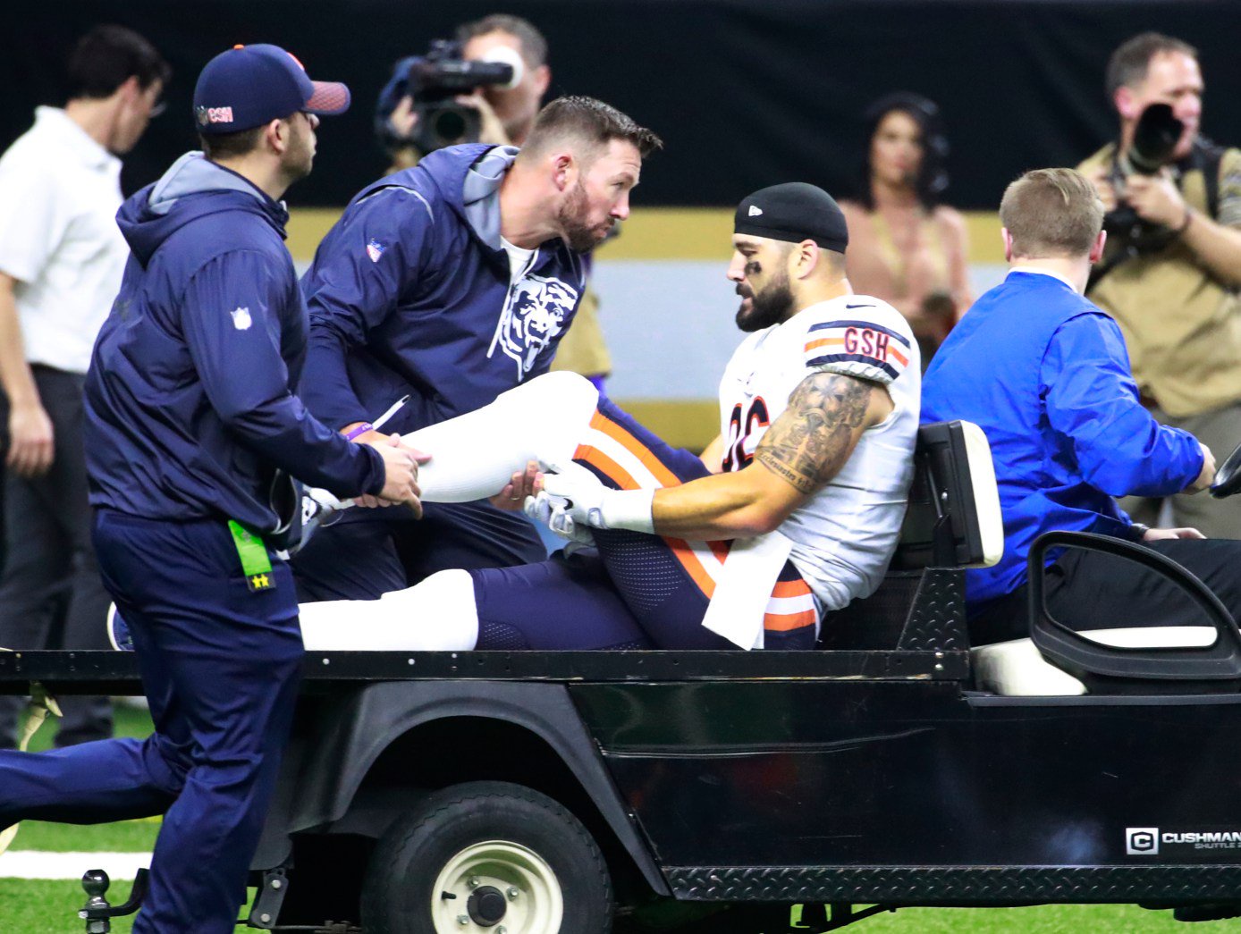 Chicago Bears tight end Zach Miller (86) holds his leg as he is carted off the field after an injury during the second half of a game against the New Orleans Saints at the Mercedes Benz Superdome on Oct. 29, 2017, in New Orleans. (Nuccio DiNuzzo/Chicago Tribune)