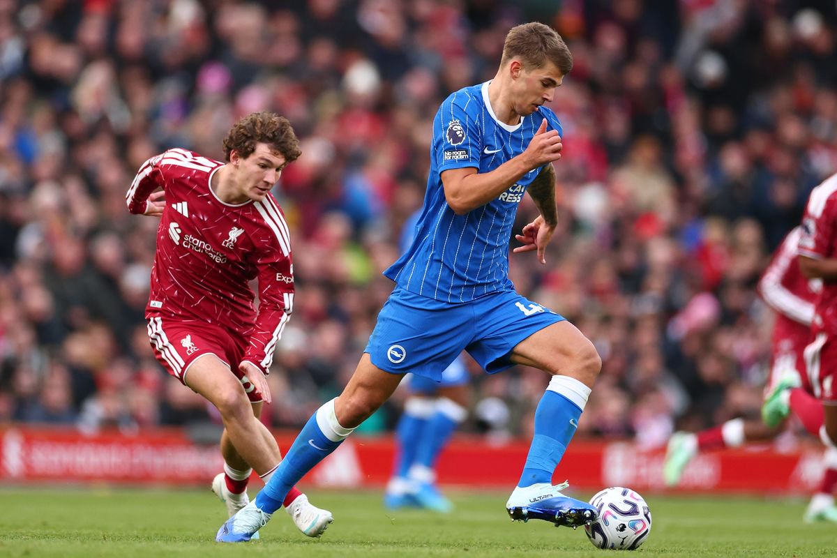 Luka Vuskovic in action for Brighton against Liverpool