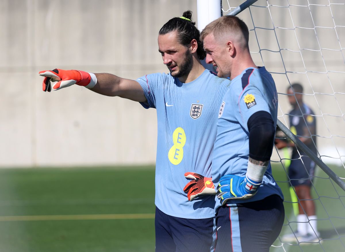 James Trafford and Jordan Pickford of England look on during a training session in Rijeka, Croatia, on October 1, 2026