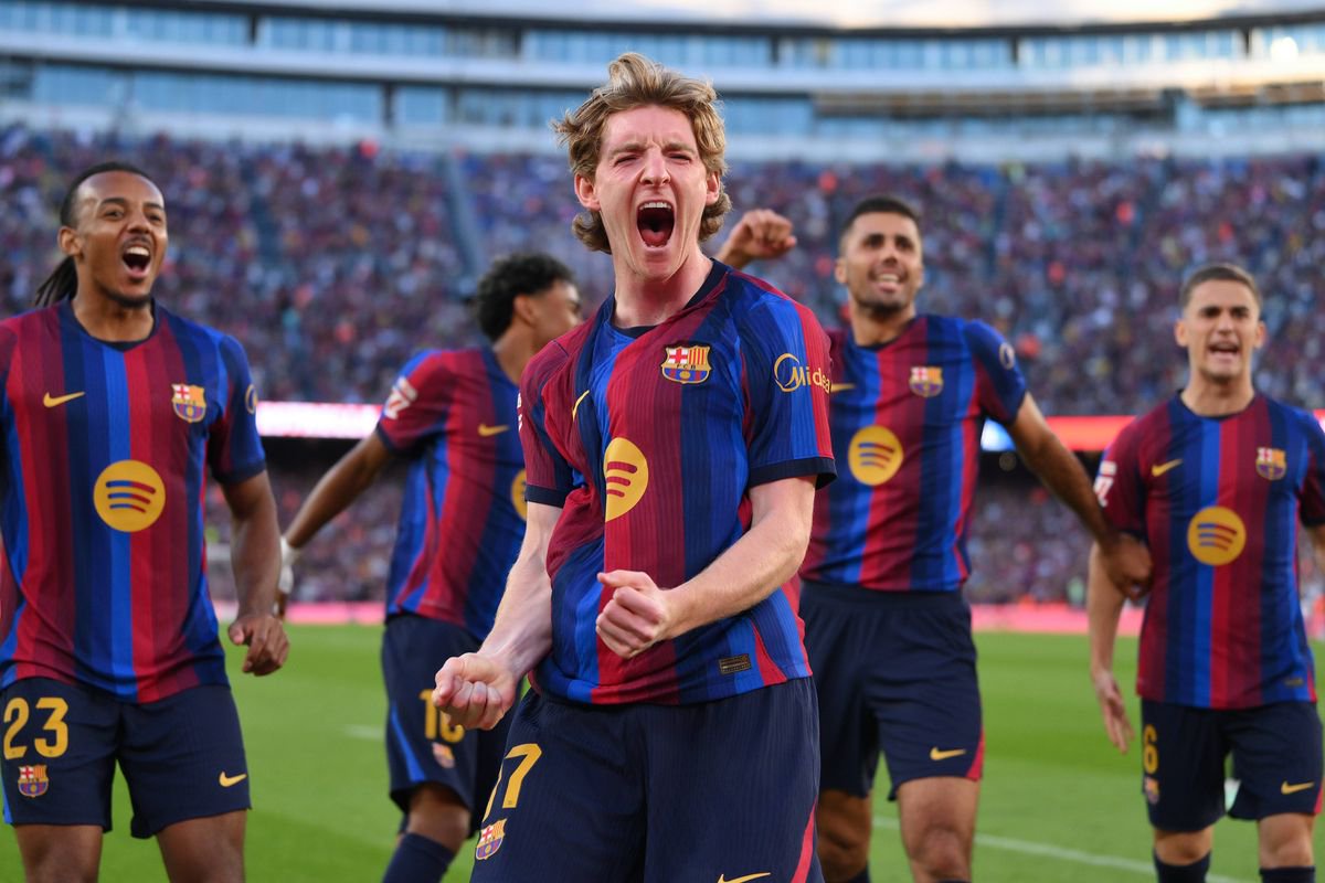 Anthony Gordon of FC Barcelona celebrates their team's first goal during the LaLiga EA Sports 2026/27 match between FC Barcelona and Getafe CF