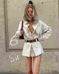 Model Elsa Hosk wore a belted khaki coordinate set from her namesake label Helsa Studio. 