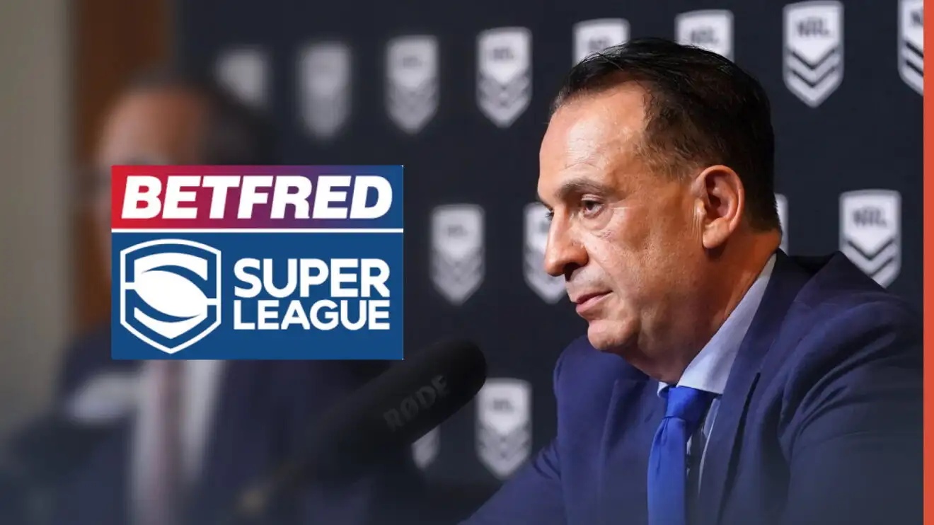 Peter V'Landys speaking at a press conference, with the Super League logo imposed onto the image to the left of his face