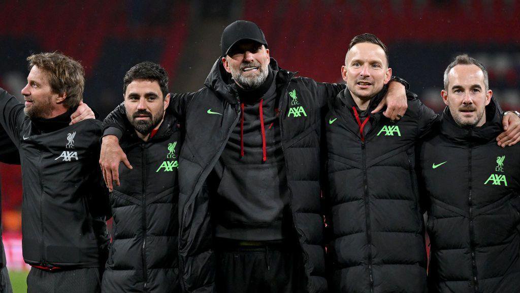 Andreas Kornmayer, Vitor Matos, manager Jurgen Klopp, Pepijn Lijnders and Jack Robinson of Liverpool after the Carabao Cup Final match between Chelsea and Liverpool at Wembley Stadium on 25 February 2024
