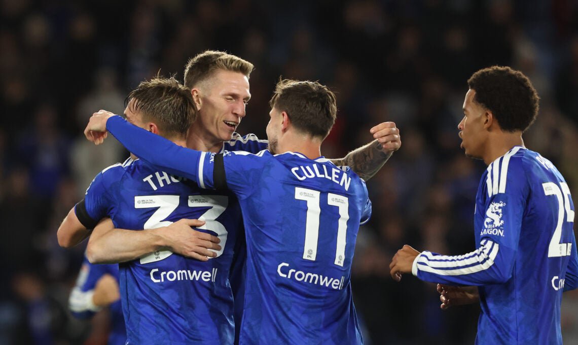Leicester City's Emil Riis Jakobsen celebrates scoring his side's second goal with team-mates Luke Thomas and Liam Cullen