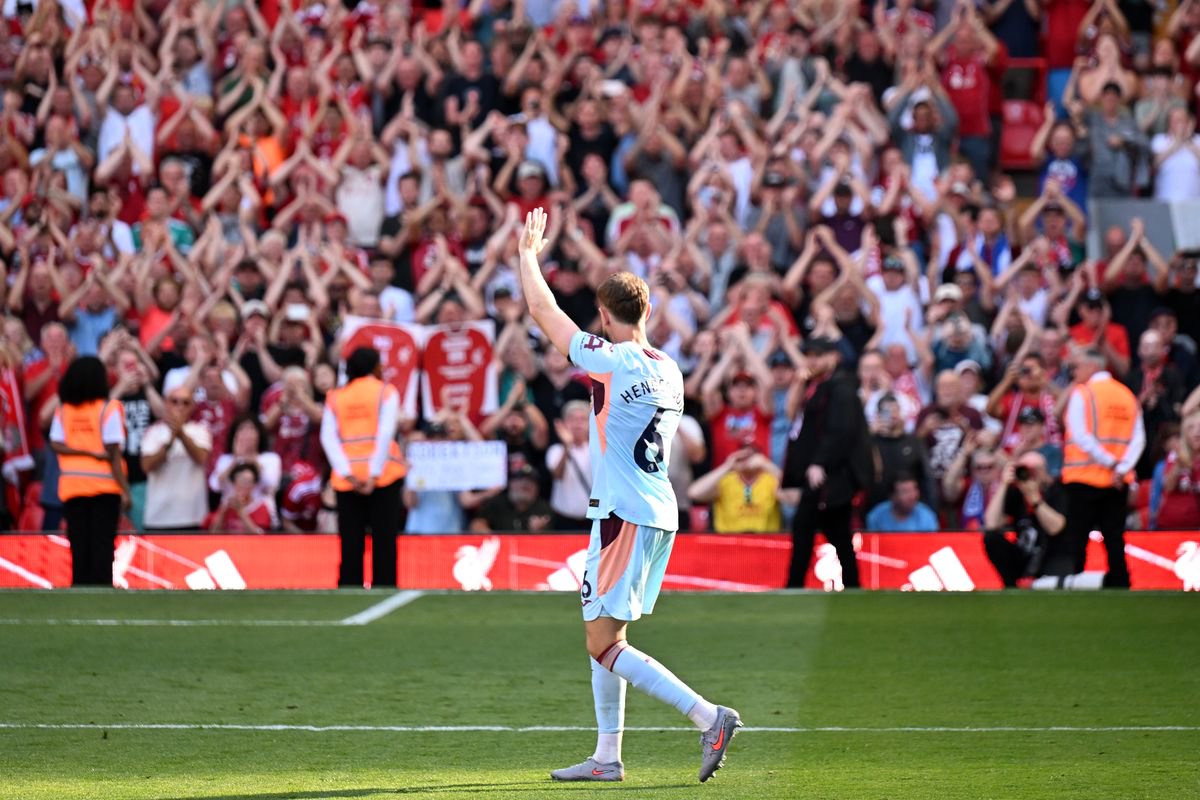 Jordan Henderson applauds the Anfield crowd after Liverpool vs Brentford.